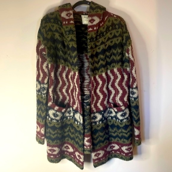 Abercrombie & Fitch Geometric Boho Long Hooded Cardigan with Pockets - Picture 1 of 8